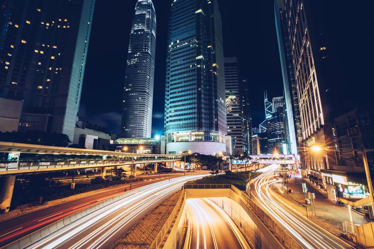Night time traffic and city lights in downtown Hong Kong